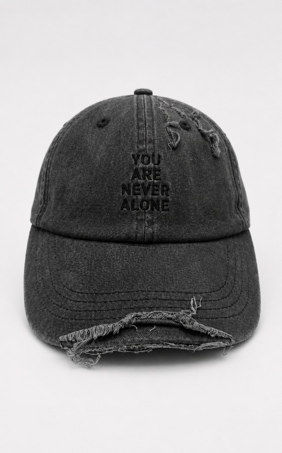 “You Are Never Alone” Distressed Cap BLACK ON BLACK